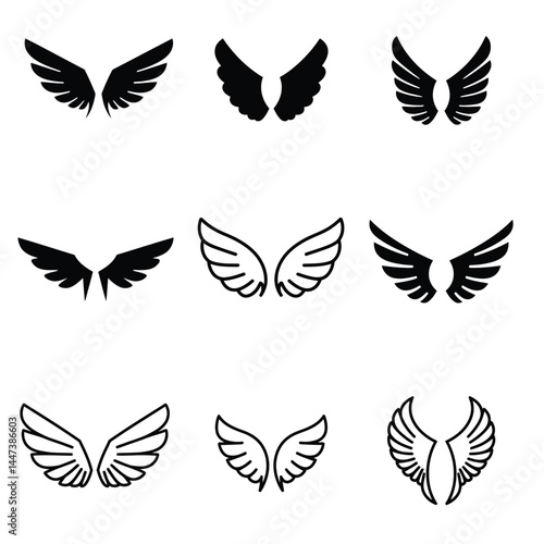 Wing logotype for tattoo. Bird, angel wings icons. Set of black wings icons. Collection badges of wings. Abstract tattoo
