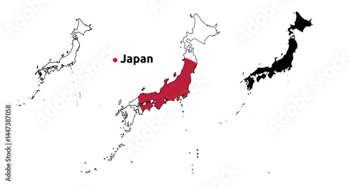 japan Map Vector - Country Outline, Flag Inside Map, Blank and Silhouette Version