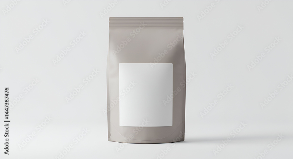 A light taupe-colored, stand-up pouch with a blank white label A light taupe-colored, stand-up pouch with a blank white label
