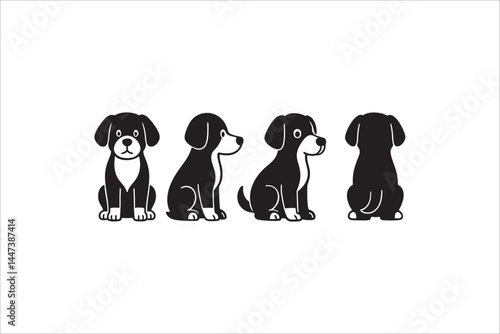 Cute black and white cartoon dog in four different views – front, side, and back. Vector illustration.