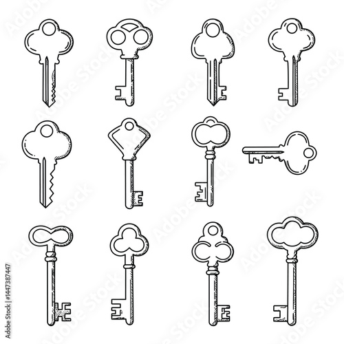 Vintage keys set, vector illustration isolated on a white background