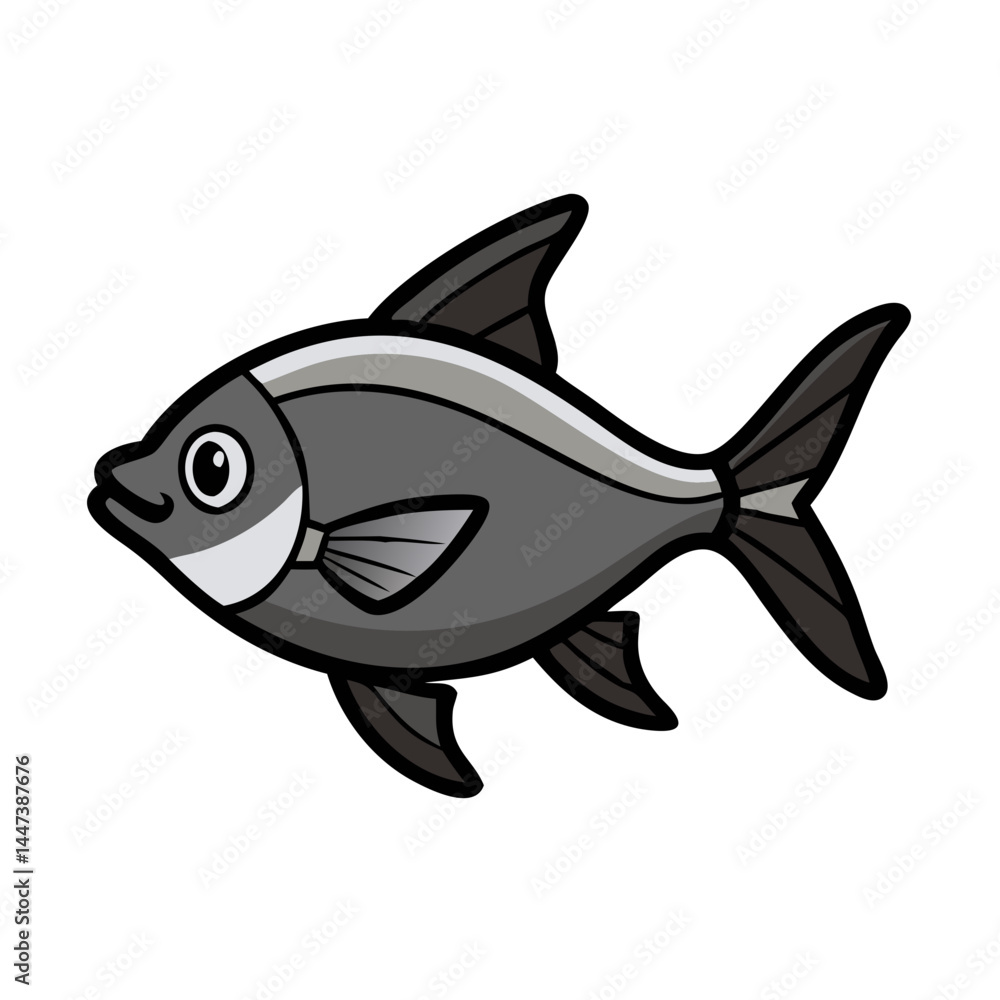 Obraz premium Isolated cartoon fish illustration of a silver fish swimming in the ocean marine life drawing