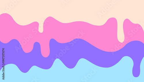 Three layers of pastel colored candy or ice cream drip. Sweet dessert border with melted flowing icing. Cream, pink and blue liquid glaze and delicious frosting
