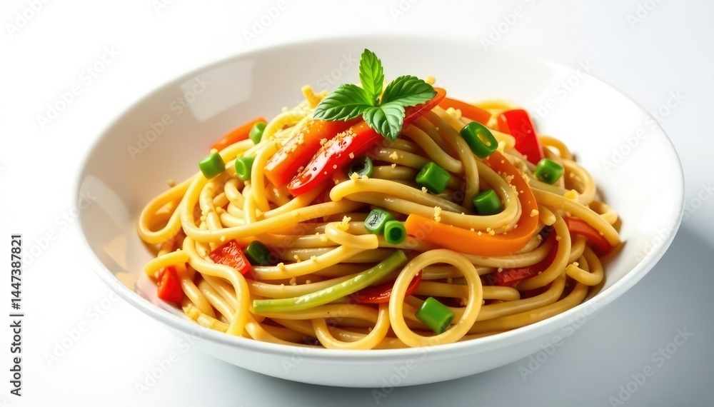 Stir-fried noodles with vegetables on white background, close up, soy sauce, healthy Stir-fried noodles with vegetables on white background, close up, soy sauce, healthy