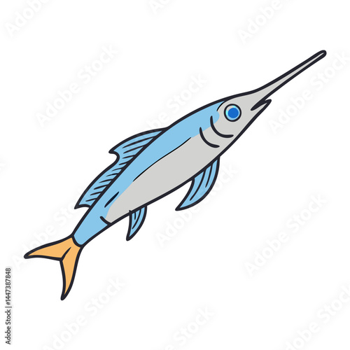Illustration of a needlefish, saltwater fish, marine wildlife, aquatic animal, ocean life, sea creature, blue fish art, cartoon fish image