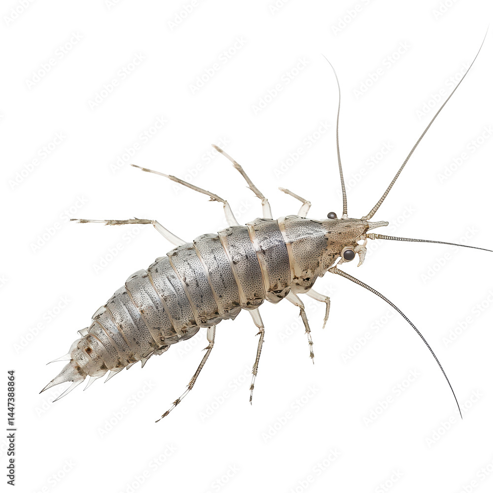 Detailed view of a silver springtail insect captured in a light environment showcasing its features and form Detailed view of a silver springtail insect captured in a light environment showcasing its features and form