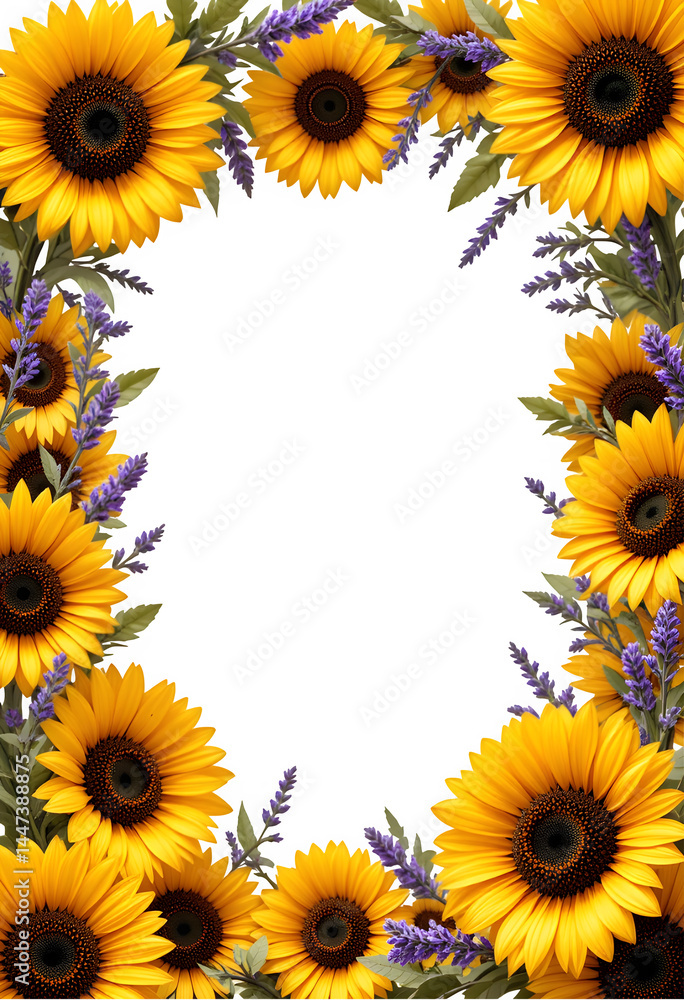 Sunflower Border Frame PNG on Transparent Background, Botanical Spring,Summer Overlay,invitation floral design, colorful flower art, floral arrangement illustration