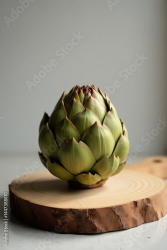 A single artichoke rests on a rustic wooden surface against a muted background