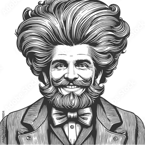 gentleman with an incredibly large, curly hairstyle, blending humor, surrealism, and vintage artistic style sketch engraving generative ai vector illustration. Scratch board. Black and white image.