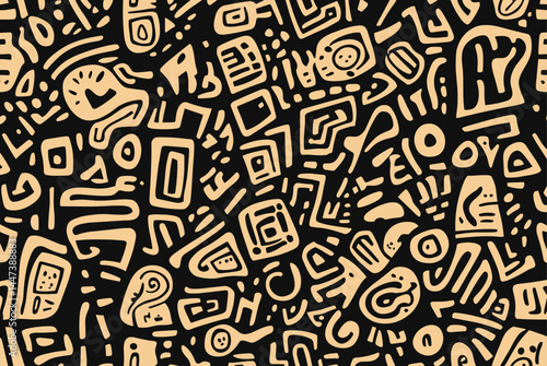 Abstract seamless pattern with tribal and ethnic design, hand-drawn doodle vector illustration of geometric shapes. Sharpie black marker outline, thick lines