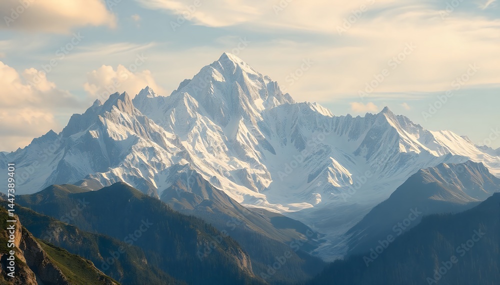 Obraz premium Majestic Snow Mountain Range Landscape with Green Hills and Sky