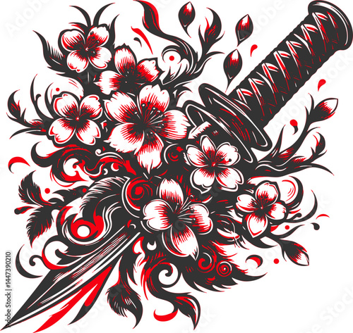 Bold Japanese-style tattoo design of katana sword surrounded by cherry blossoms sketch engraving generative ai vector illustration. Black and white
