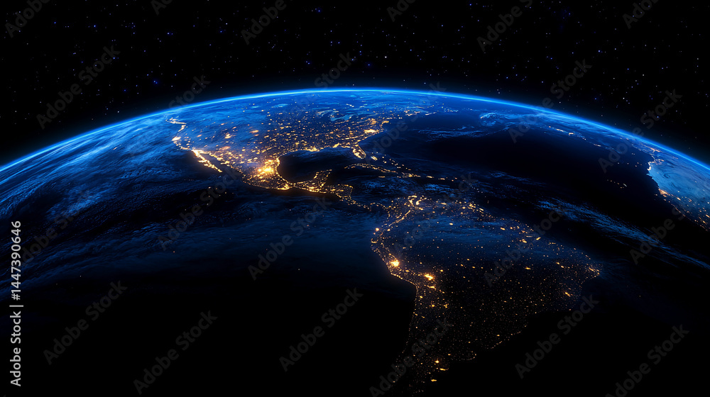 Night view of Earth from space, showcasing the Americas illuminated by city lights against a dark, starry background. Represents global interconnectedness and human civilization Night view of Earth from space, showcasing the Americas illuminated by city lights against a dark, starry background. Represents global interconnectedness and human civilization