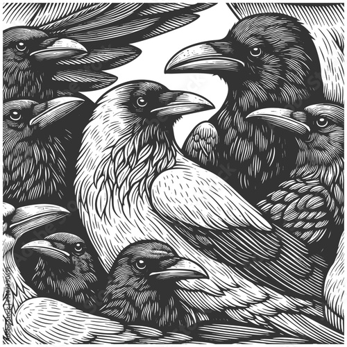 rare white crow surrounded by black crows, symbolizing uniqueness, nonconformity, and standing out from the crowd sketch engraving generative ai vector illustration. Scratch board. Black and white.