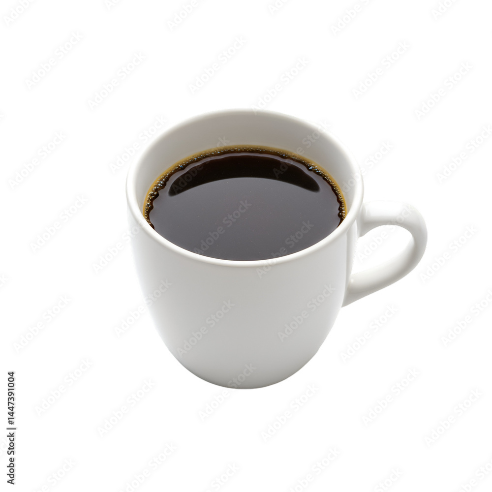 A cup of black coffee. A simple white ceramic mug filled with dark coffee A cup of black coffee. A simple white ceramic mug filled with dark coffee