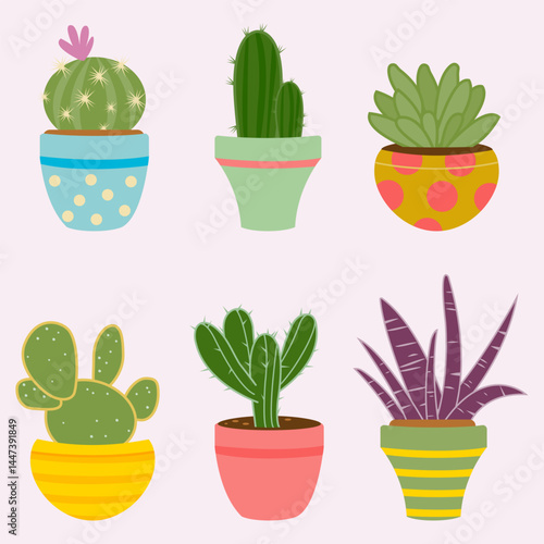 Set of cactus and succulent plants growing in colorful pots. Home plants, cactus and succulent plants in pots. Houseplants in flowerpots. Vector Illustration