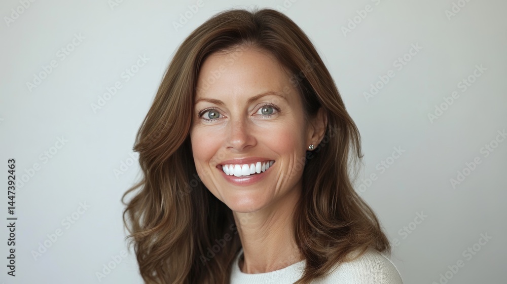 Fototapeta premium A smiling brunette woman with perfect white teeth is showing off her smile. She looks happy and healthy in this ad for dental care. The photo is a wide shot against a light gray background. 