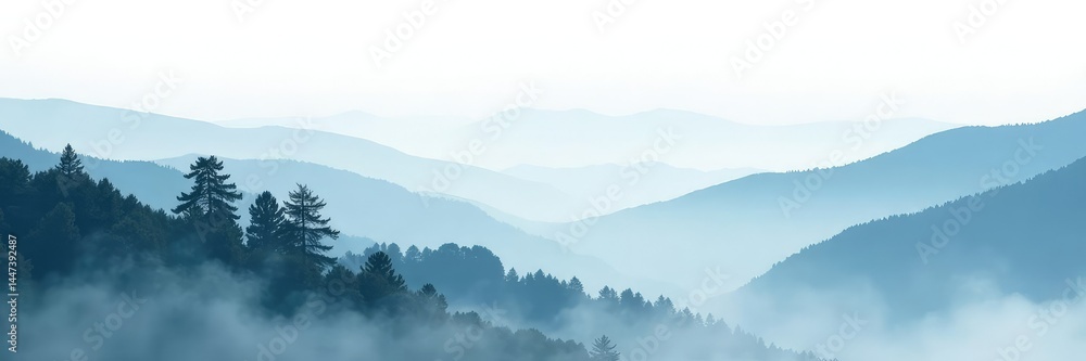 Fototapeta premium A foggy mountain landscape with mist and trees on a white background, mist, natural wonder