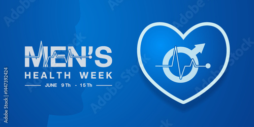 June 9th to 15th is National Mens Health Week. Heart, gender icon and human. Suitable for posters, banners, social media and more. Blue background.