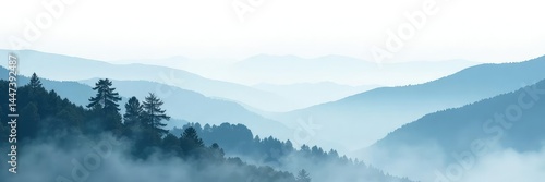 A foggy mountain landscape with mist and trees on a white background, mist, natural wonder