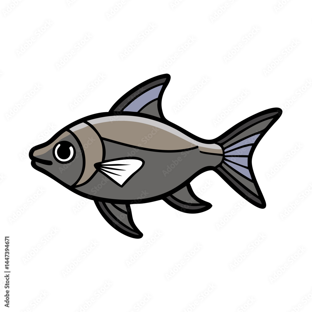 Isolated cartoon fish illustration for kids drawing of a gray colored fish with fins and tail Isolated cartoon fish illustration for kids drawing of a gray colored fish with fins and tail