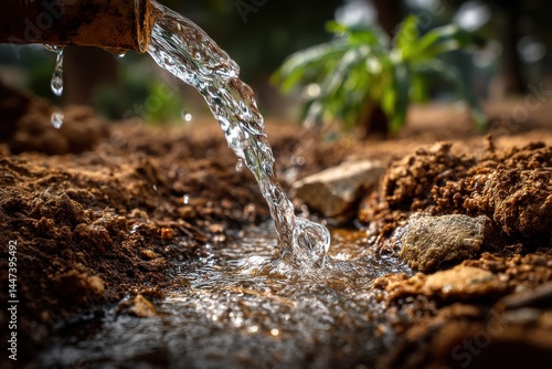 Clean water stream flowing from old metal pipe into earthy ground, creating a refreshing watercourse environment