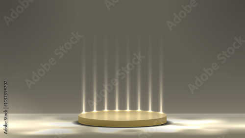 Golden 3d podium illuminated by rays.