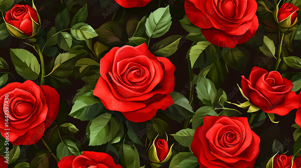 Obraz premium Lush Red Roses Seamless Pattern Dark Background Ai Generated