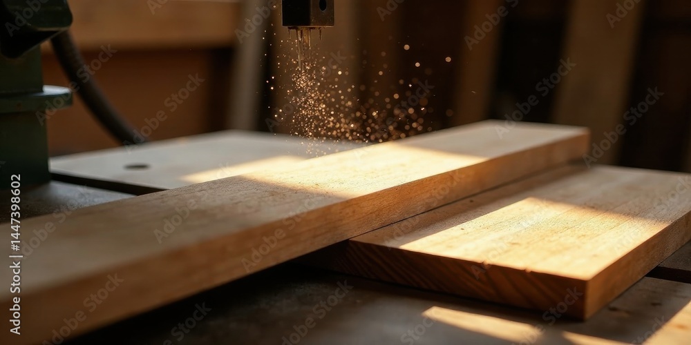 Precise Woodworking A Close-Up View of Dust and Sunlight Illuminating the Process of Shaping Lumber