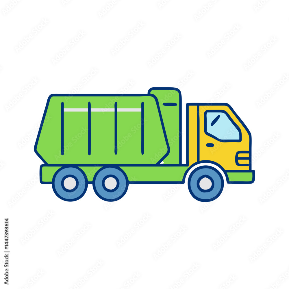 Fototapeta premium Vector illustration of green and yellow garbage truck for waste management and recycling services