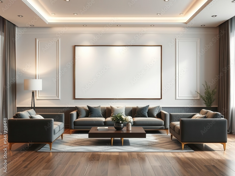 Spacious living room with mockup wall art featuring modern interior design, living room, concept, stylish Spacious living room with mockup wall art featuring modern interior design, living room, concept, stylish