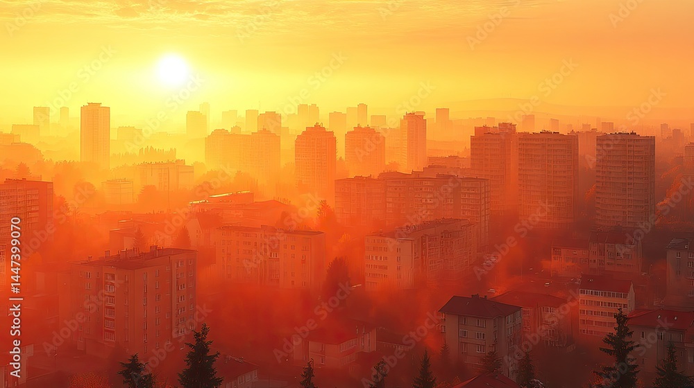 Fototapeta premium City at golden hour, buildings immersed in warm light and haze during sunrise