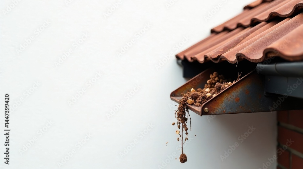 Overgrown gutter overflowing with debris and soil, requiring immediate cleaning and maintenance