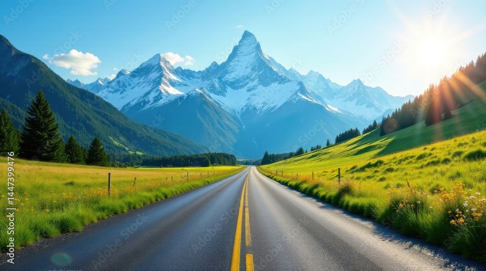 Asphalt Road Winding Through Verdant Meadows Towards Majestic Snow-Capped Peaks Under a Bright Sunny Sky