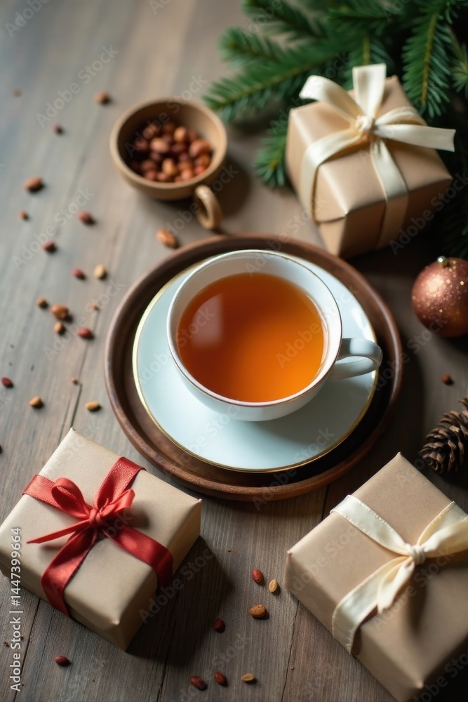 Aromatic Tea and Festive Gifts on Rustic Wooden Surface