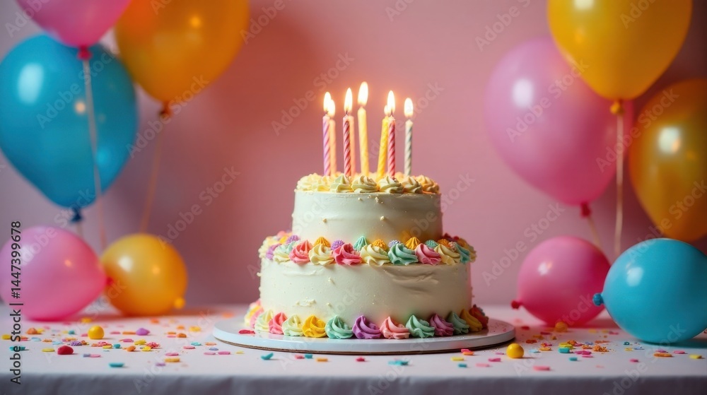 A delightful two-tiered birthday cake, adorned with pastel frosting swirls and lit candles, sits amidst a cheerful scattering of colorful balloons and confetti.