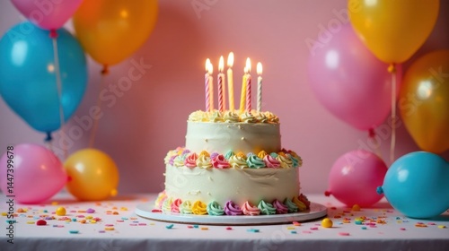 Obraz na płótnie A delightful two-tiered birthday cake, adorned with pastel frosting swirls and lit candles, sits amidst a cheerful scattering of colorful balloons and confetti. w salonie