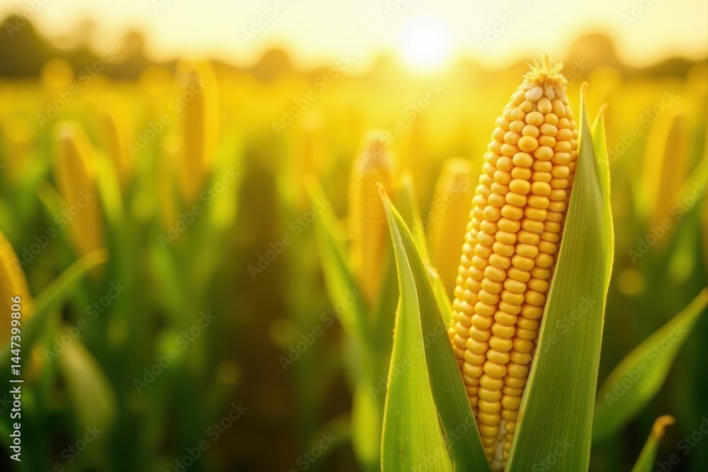 Golden Corn Cob in a Lush Field at Sunset A Vibrant Harvest Scene