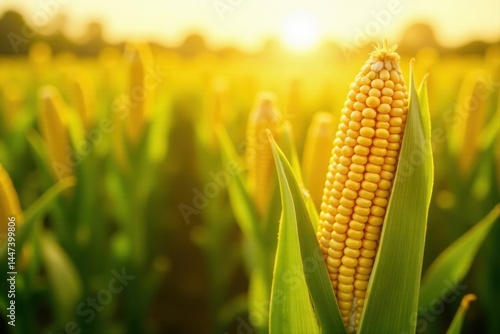 Obraz na płótnie Golden Corn Cob in a Lush Field at Sunset A Vibrant Harvest Scene w salonie