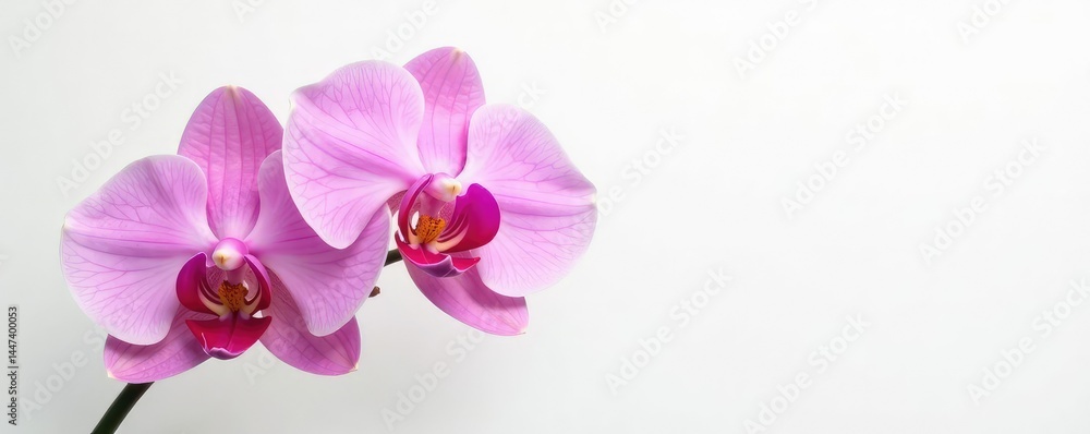 Delicate orchid blooms on a crisp white background, white, petals Delicate orchid blooms on a crisp white background, white, petals