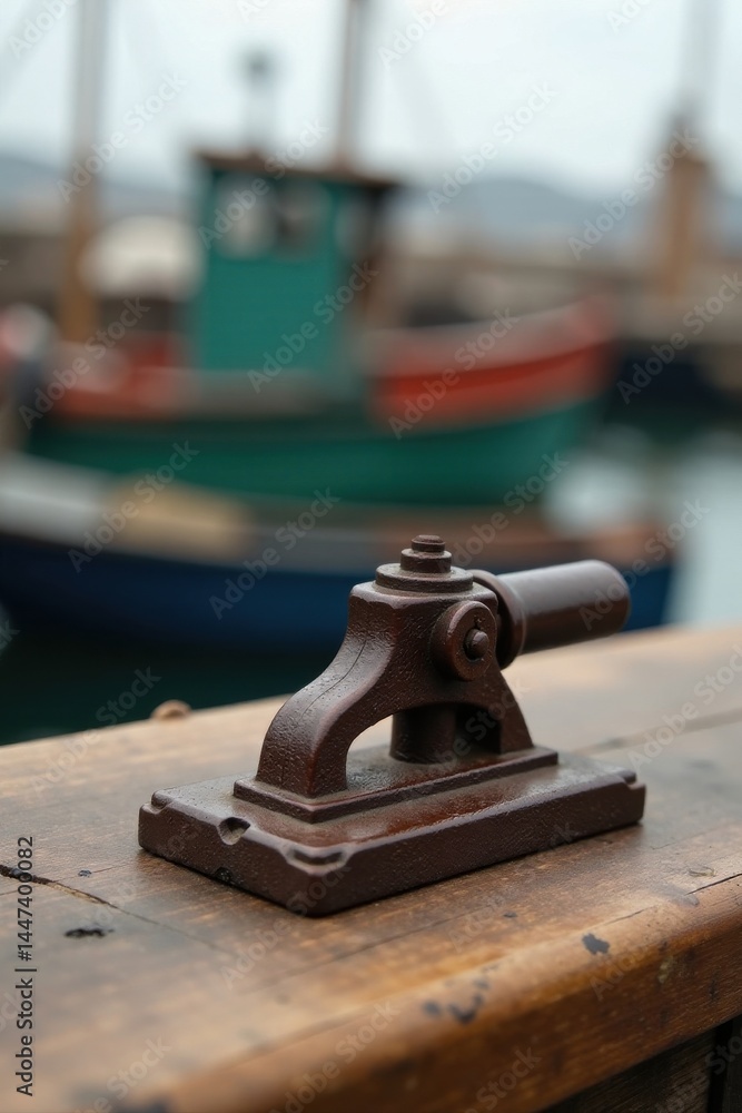 Rustic Metal Mechanism on Weathered Wood Dock with Blurred Background of Colorful Boats