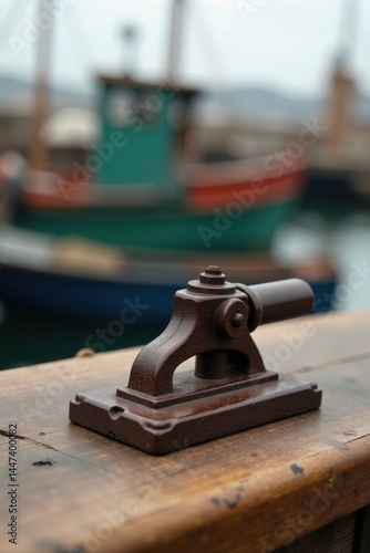 Obraz na płótnie Rustic Metal Mechanism on Weathered Wood Dock with Blurred Background of Colorful Boats w salonie