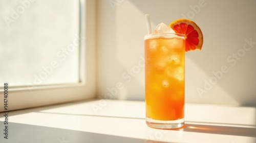 Obraz na płótnie Refreshing Citrus Beverage in Sunlight on a Windowsill w salonie