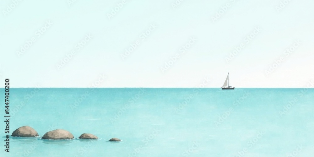 Serene Seascape A Solitary Sailboat on a Calm Ocean with Three Rocks Gently Resting on the Surface