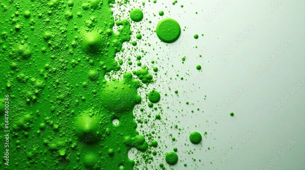 Abstract Green Paint Texture with Varied Sized Droplets and Splashes on a Light Background