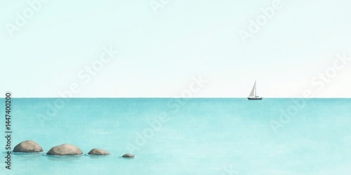 Obraz na płótnie Serene Seascape A Solitary Sailboat on a Calm Ocean with Three Rocks Gently Resting on the Surface w salonie