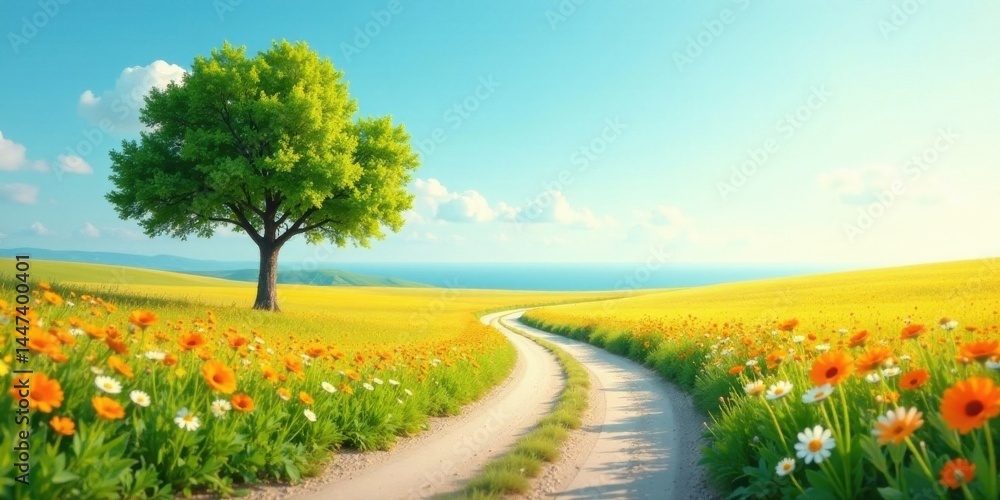 Serene Countryside Path Winding Through Vibrant Yellow Flowers and a Lush Green Tree Under a Sunny Sky