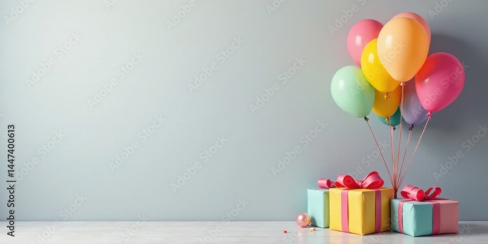 Pastel Balloons and Gift Boxes on a Light Background for a Festive Celebration