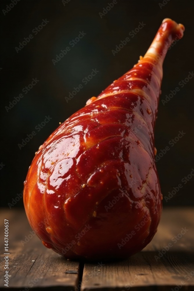 Glazed meat on rustic wooden surface, rich red color and appetizing texture, delicious culinary image