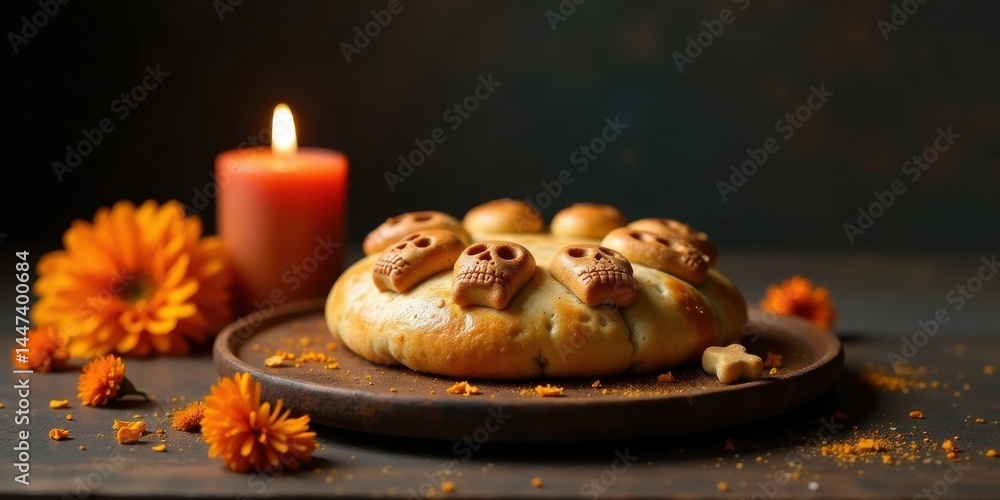 A festive baked treat adorned with skull-shaped decorations, accompanied by a burning candle and vibrant orange flowers, creating an atmospheric scene.